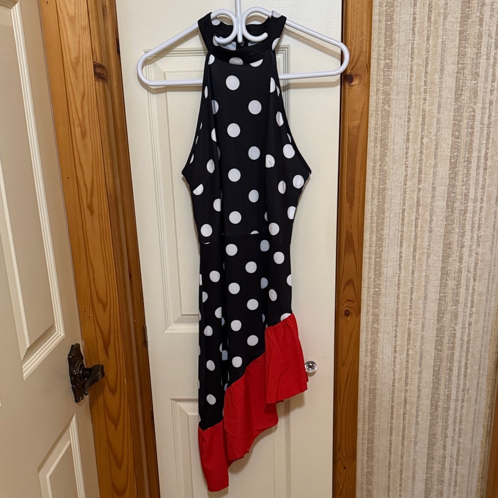 Polka Dot Halter Dress with Red Hem
